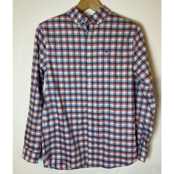 Boys Vineyard Vines On The Go Performance Shirt Button Up Blue Pink Plaid L 16 - Picture 1 of 4